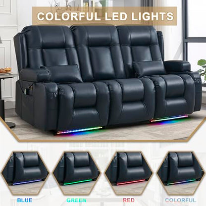 URRED Power Loveseat Recliner Sofa with Massage and Heat, Wall Hugger Reclining Loveseat with Console, RV Couch Home Theater Seating with LED Lights for Living Room (Dark Blue, 76.8" - 3 Seats) - color: Dark Blue, size: 76.8" - 3 Seats