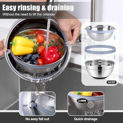 E-far Mixing Bowls with Lids Set, 15PCS Stainless Steel Mixing Nesting Bowl with Colander & 3 Metal Grater for Kitchen Prep/Baking/Storage, Non-Slip Bottom & Airtight Lid, 4.6, 3, 1.5, 1, 0.7QT, Black - color: Black