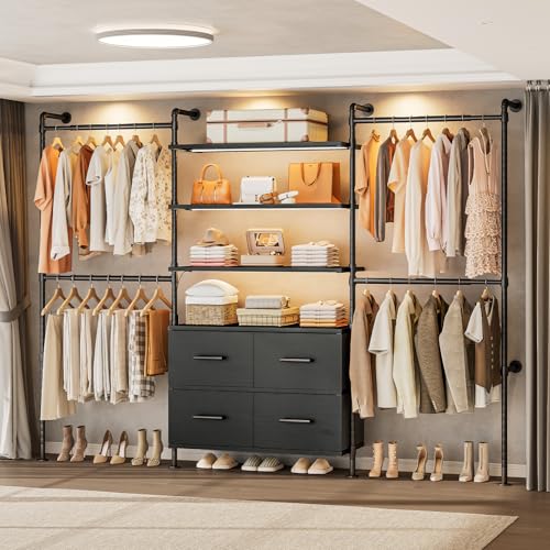 T3 Closet System with Stepless Dimmable LED Light, Industrial Pipe Clothing Rack with 4 Drawers, 6 Wooden Shelves & 4 Telescopic Rods, Heavy Duty Closet Organizers in Wardrobe Closet (Black) - color: Black