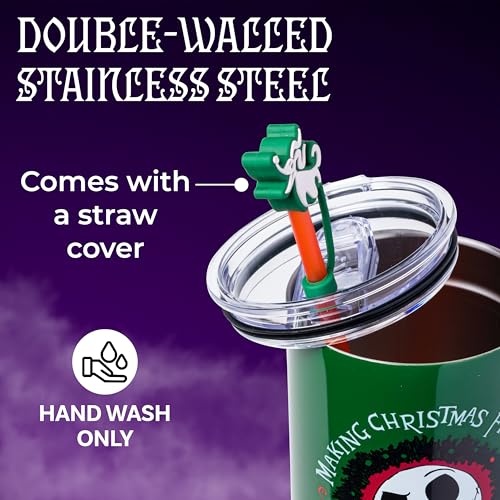 Silver Buffalo Disney Nightmare Before Christmas Making Xmas Fright Jack Skellington & Zero Double Walled Stainless Steel Tumbler w Handle, Straw, and Straw Cap, Fits in Standard Cup Holder, 40 Ounces - color: Nightmare Before Christmas Making Xmas Fright