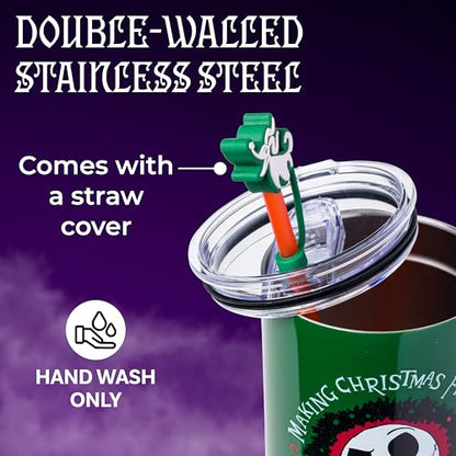 Silver Buffalo Disney Nightmare Before Christmas Making Xmas Fright Jack Skellington & Zero Double Walled Stainless Steel Tumbler w Handle, Straw, and Straw Cap, Fits in Standard Cup Holder, 40 Ounces - color: Nightmare Before Christmas Making Xmas Fright