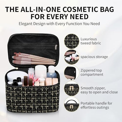Makeup Bag, Luxury Tweed Cosmetic Bag for Women, Large Capacity Toiletry Bag Portable Organizer Pouch with Handle