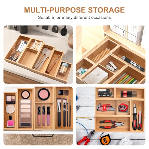 Bamboo Drawer Organizer 5 Pcs for Kitchen Multi-purpose Storage Dividers for Kitchen, Office, Jewelry, Cosmetics, Wooden Drawer Dividers for Drawer Organizer Desk Organizer Gift for Women Gifts Idea