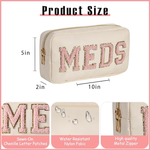 Chenille Letter Patch Nylon Medicine Packages,Cute MEDS Travel Makeup Bag with Metal Zipper, First Aid Purse Organizer Cosmetic Bag for Women and Girls(04Beige-Pink) - color: 04Beige-Pink