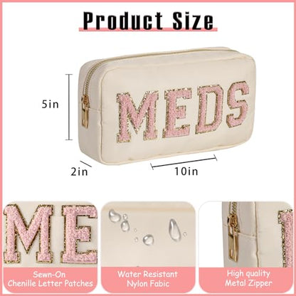 Chenille Letter Patch Nylon Medicine Packages,Cute MEDS Travel Makeup Bag with Metal Zipper, First Aid Purse Organizer Cosmetic Bag for Women and Girls(04Beige-Pink) - color: 04Beige-Pink