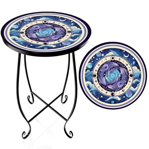 15 Inch Tall Outdoor Side Table, Metal Patio End Table with Twin Koi Fish Pattern, Rust Proof Black Small Garden Stool for Deck, Coastal Decor & Mermaid Table Gift - color: Pisces