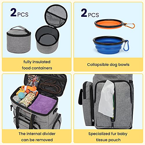 Modoker Dog Travel Organizer with 2 Collapsible Bowls for Supplies & Accessories, Airline Approved Dog Tote Pet Travel Bag with 2 Travel Food Container - color: Soft Grey