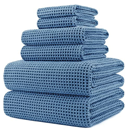 POLYTE 430 GSM Microfiber Quick Dry Lint Free Oversize Bath Towel Set, 6 Piece (Waffle Weave) - color: Blue
