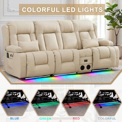 URRED Power Loveseat Recliner Sofa with Massage and Heat, Wall Hugger Reclining Loveseat with Console, RV Couch Home Theater Seating with LED Lights for Living Room (Beige, 89.8" - 3 Seats) - color: Beige, size: 89.8" - 3 Seats