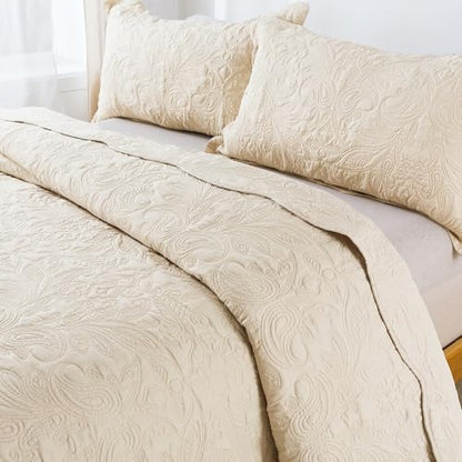 HoneiLife Quilt Set Queen Size - 3 Piece Embroidered Microfiber Bedspread Reversible Coverlet Lightweight Bedcover Paisley Pattern Bedding Set All Season Quilts-Khaki - color: Khaki, size: Queen/Full-90"x96"