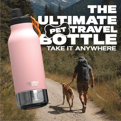 asobu Dog Barky Bottle – Insulated Stainless Steel Water Bottle with 2 Removable Dog Bowls for Food, Treats & Water – Pet-Friendly Travel Bottle for Hiking, Road Trips & Outdoor Adventures - color: Pink