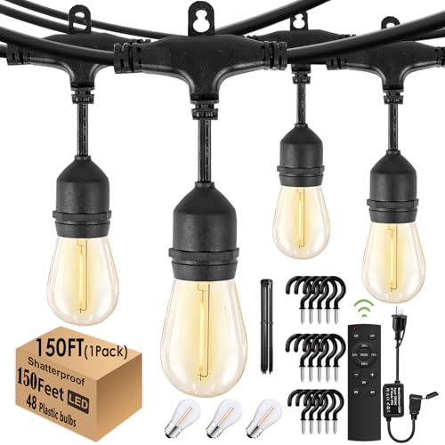 1-Pack 150 ft Outdoor String Lights with Remote Patio Lights Weatherproof, 45+3 Spare S14 Shatterproof Warm 2200K Bulbs, 3 Lighting Modes&Dimmable&Timer - size: 150FT