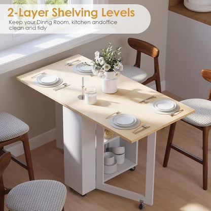 LotFun Folding Dining Table, Space-Saving Dining Table with 6 Rolling Wheels and 2-Tier Storage Shelf, Kitchen Table for Small Spaces - color: White