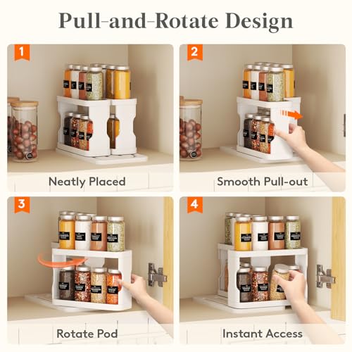 Lifewit Sliding Spice Rack for Cabinets, 6.4"H x 11.1"D x 6.1"W Slide Out Swive Cupboard Spice Organizer with Non-Slip Mat, Adjustable 2-Tier Shelves with Fence, Pull Out Medicine Cabinet Organization