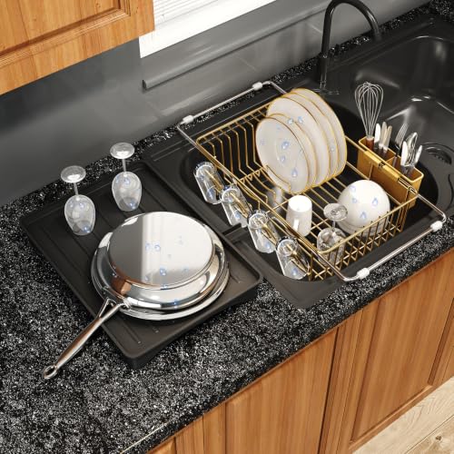 MAJALiS Gold Dish Drying Rack Over Sink with Utensil Holder, Drainboard | Expandable Stainless Steel Dish Drainer for Small Kitchen, Apartment, RV, Counter Space Saving, Perfect Fit, Rustproof - color: Gold, size: For 11.5"-16" W Sink with Cup Holder & Dr