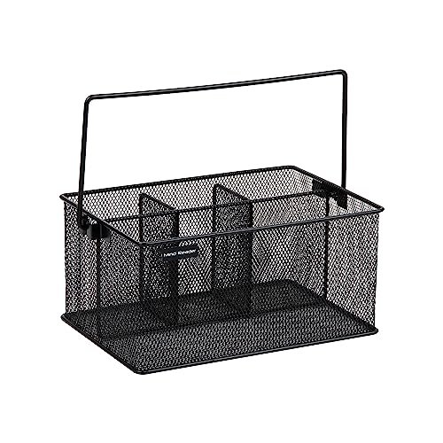Mind Reader Multi-purpose Storage Caddy with Handle, Desktop Organizer, Cutlery Holder, 4 Compartments, Metal Mesh, Black - color: Black