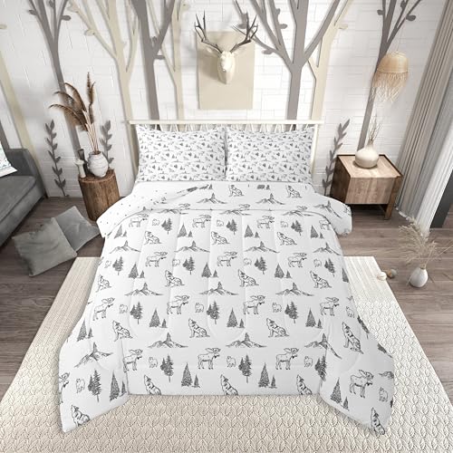 Erosebridal Woodland Animals Comforter Set Twin Size Bear Deer Wolf Hunting Theme Bedding Set for Kids Child | Rustic Cabin Lodge Decor Duvet Insert Farmhouse Wildlife Mountain Black White Quilt - color: Black White, size: Twin