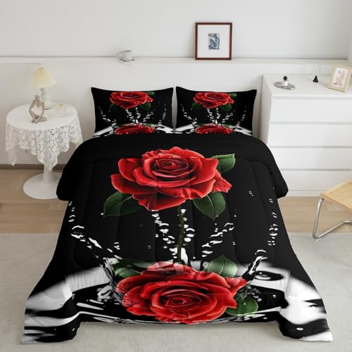 Feelyou Red Rose Comforter Set Twin Size Romantic Floral Blossom Bedding Set Black Red Comforter for Women Men for Lover Quilt Set - color: Multi 19, size: Twin
