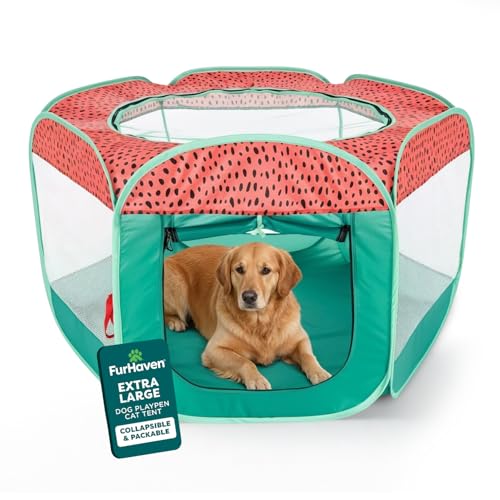 FurHaven Soft-Sided Dog & Cat Playpen, Portable Foldable Indoor & Outdoor Pet Playpen with Mesh Windows & Zippered Door, Green & Pink, Extra Large - color: Green & Pink, size: Extra Large