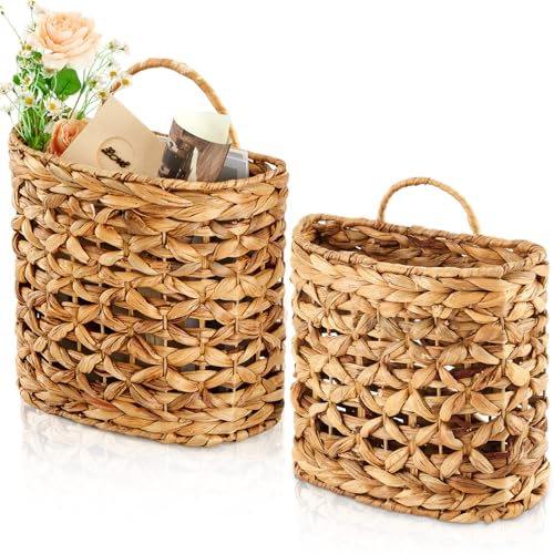 Chunful 2 Pcs Water Hyacinth Hanging Wicker Basket, Natural Wicker Decorative Baskets, Handmade Woven Storage Organizer for House Garden Wedding Wall Decorations, Large & Small Size(Hollow-out) - style: Rustic