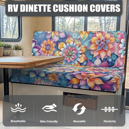 RV Dinette Cushion Covers Set of 2, Boho Floral Camper Cushion Slipcovers, Washable Anti Slip Stretch Fabric - color: Boho Floral