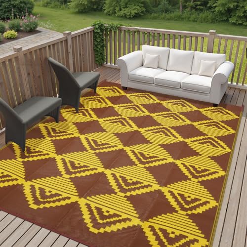 Anidaroel Patio Rugs Outdoor 8x10ft Waterproof, Reversible Camping Rugs for Outside RV, Outdoor Plastic Straw Outside Area Rugs for Patio, Backyard, Pool Deck, Picnic (Yellow&Brown,8‘x10') - color: Yellow&brown, size: 8' x 10' (Rectangular)