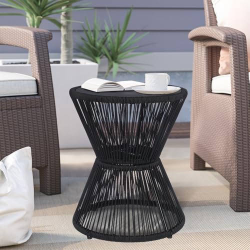 SUNNYPARK Outdoor Side Table 20'' H Small End Tables Woven Rope Weather Resistant with Glass Top Round Coffee Table for Indoor Balcony Patio Poolside (Black) - color: Black