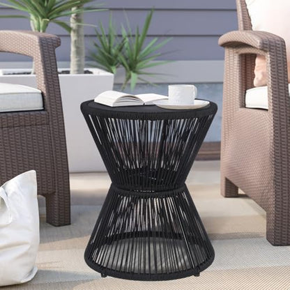 SUNNYPARK Outdoor Side Table 20'' H Small End Tables Woven Rope Weather Resistant with Glass Top Round Coffee Table for Indoor Balcony Patio Poolside (Black) - color: Black