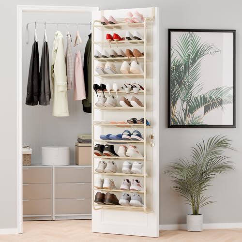 Whitmor 36 Pair Over The Door Shoe Organizer, 12 Tier Hanging Shoe Organizer, Heavy Duty Metal & Mesh Shoe Holder, Hanging Shoe Rack for Closet Organizer & Storage, 74"H x 21.7"W x 7.5"D, Beige - color: Beige