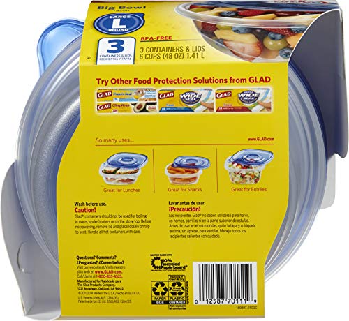 Glad GladWare Big Bowl Food Storage Containers with Lids, Large Round No BPA Plastic Containers for Soups, Salads, and Meal Prep, Lock Tight Seal, Microwave Dishwasher Safe, 48 Oz, 3 Count - size: 3 Count (Pack of 1), style: Round