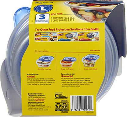 Glad GladWare Big Bowl Food Storage Containers with Lids, Large Round No BPA Plastic Containers for Soups, Salads, and Meal Prep, Lock Tight Seal, Microwave Dishwasher Safe, 48 Oz, 3 Count - 6 Pack - size: 3 Count (Pack of 6), style: Round