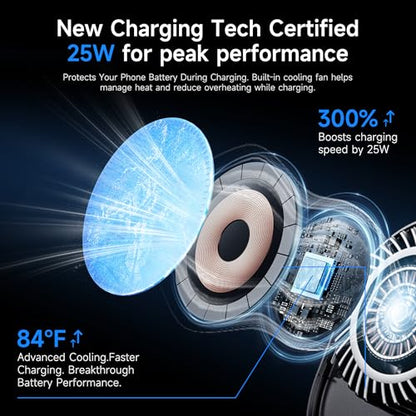 25W Magnetic Wireless Car Charger with Cooling Fan, MagSafe Car Mount Charger, Dashboard & Vent Attachment Phone Holder, 25W Fast Charging Car Cooling Phone Mount for iPhone 17/16, S26 Ultra