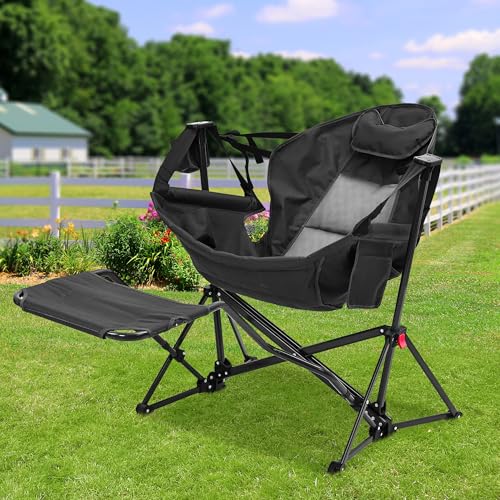 Ainfox Hammock Camping Chair with Footrest, Oversized Folding Swinging Chair for Adults, Rocking Portable Camp with Cup Holder Pillow for Outdoor Patio Lawn Poolside (Matt Black‌) - color: Matte Black, size: With Footrest