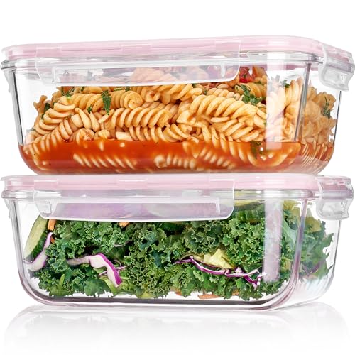 Vtopmart 2Pack 1860ml/63oz Large Glass Storage Containers with Lids, Meal Prep Food Container Set with Snap Airtight Lid for Baking, Microwave, Oven, Leak Proof, for Freezer, Dishwasher, Pink - color: Pink, size: 63oz