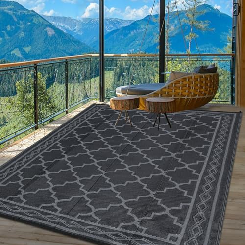 Garvee 8x10 Outdoor Patio Rug, Large Waterproof Reversible Carpet for Deck Backyard Balcony, Plastic Straw RV Camping Mat Easy Clean,Black/Grey - color: Black/Grey, size: 8' x 10' (Rectangular)
