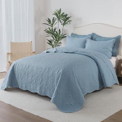 HoneiLife Quilt Set Queen Size - Microfiber Bedspread 3-Piece, Reversible Coverlets Lightweight Bedcover Queen Quilt Bedding Sets for Spring/Summer Use - color: Light Blue, size: Queen/Full-90"x96"