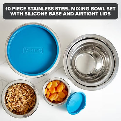 Viking Mixing Bowls Set, 10 Piece Stainless Steel Kitchen Cookware, Non-Slip Silicone Base, Includes Tight Fit Lids, Dishwasher Safe, Teal - color: Teal