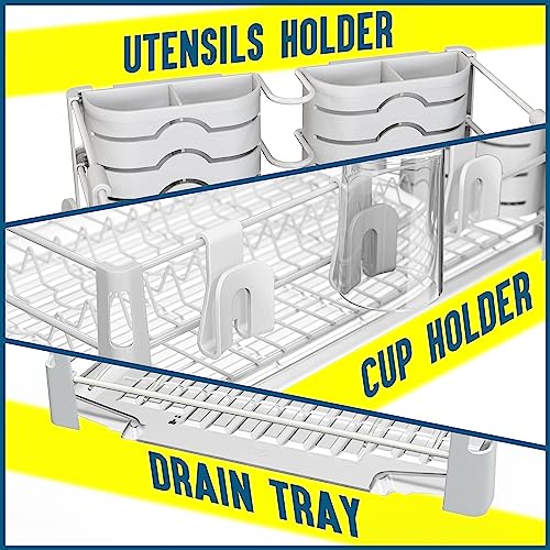 Simple Houseware White Dish Drying Rack with Drainboard, Utensil Holder & Mug Hooks – Metal Kitchen Counter Organizer - color: White