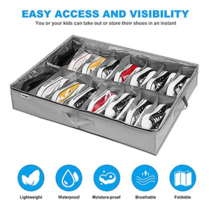 INAYA Under Bed Shoe Storage Organizer Set of 2, Fits 32 Pairs, Underbed Shoe Box Storage Containers Adjustable Dividers w/Bottom Support, Clear Foldable Shoes Storage w/Reinforced Handles - size: 16+16 Cells (Adjustable Dividers)