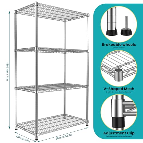 Heavy Duty 4 Tier Wire Shelving Unit 2200 lbs Capacity Garage Shelving Metal Storage Rack Adjustable 18”Dx36”Wx70.9”H Industrial Standing Shelf for Garage Basement Warehouse Pantry - size: 4-Tier-Silver[18"D x 36"W x 70.86"H]