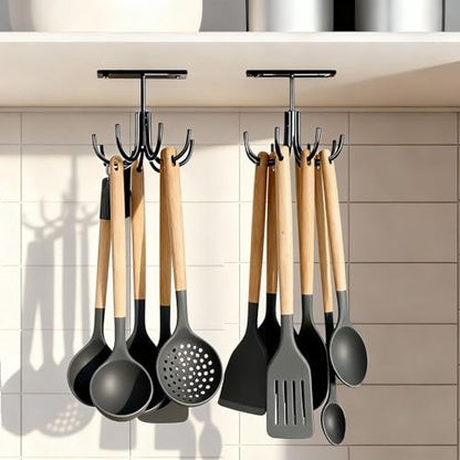 Metal Under Cabinet Kitchen Utensil Hooks,360° Rotating Kitchen Utensil Rack with 8 Hooks,Drilling Free Adhesive Utensils Hanging Rack for Tools/Towel/Knife (Black) - color: Metal-black