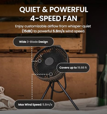 Claymore V600+ Warm Gray Rechargeable Portable Fan – 7,800mAh Battery, 4-Speed BLDC Ultra-Quiet Air Circulator USB-C Charging 32 Hrs Runtime Tripod Mountable Adjustable for Camping, Indoor, Outdoor - style: V600+ (Warm Gray)