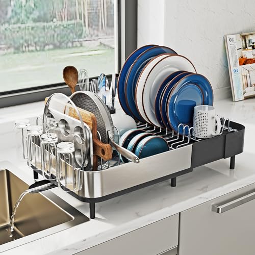SUNLY Expandable Dish Drying Rack, Versatile Brackets for Pots & Pans, Space Saving Kitchen Drying Rack, Dish Racks for Kitchen Counter, Stainless Steel Dish Drainers with Extendable Spout, Black - color: Black + Silver