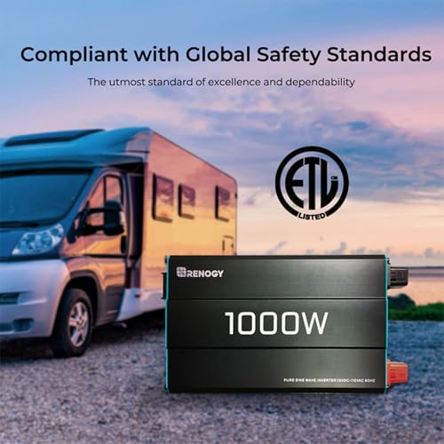 Renogy 1000W Pure Sine Wave Inverter 12V DC to 120V AC Converter for Home, RV, Truck, Off-Grid Solar Power 110V with Built-in 5V/2.1A USB Port, Hardwire Remote Controller - size: 1000W(No BT & ATS)
