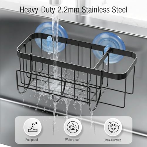 3-in-1 Kitchen Sink Caddy Organizer with Sponge Holder, Brush Holder, Extra Rack for Scrubber, Sink Stopper, Dish Cloth Hanger - Strong Dual Suction Cup, 2.0mm SUS304 Stainless Steel - Black - color: Black