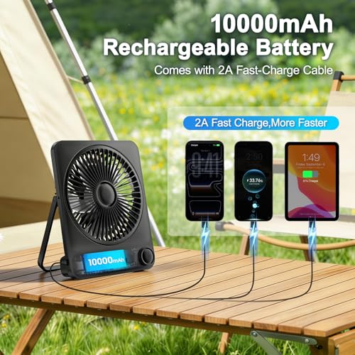 WHATOOK Large Travel Desk Fan: 10000mAh Battery 40 Hours Runtime Silent Rechargeable Fans, Quite Personal Portable Fan for Camping Bedroom Office Small Desktop fan (8.3 * 7.1inch Black) (Black) - color: Black