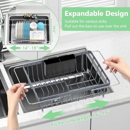 LEMIKKLE Sink Dish Drying Rack - Expandable Small Dish Rack Over Sinks with Drying Tray, Dish Drainer for Kitchen Counter with Cutlery Holder, Drying Rack Fit for 14’’-19’’ Kitchen Sink - color: Gray + Expandable Rack