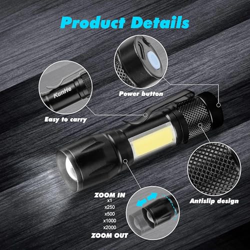 KunHe 20 Pack Rechargeable Flashlights USB-C Mini LED Adjustable Focus Bright Clip-On EDC Flashlight with Side COB Light for Camping Home Emergency - size: 20 PACK