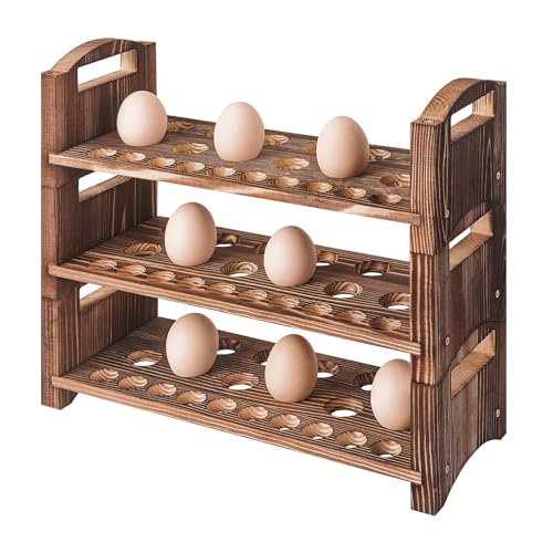 Wooden Egg Holder 3 Layer Fresh Egg Rack Holders Countertop Stackable Quail Egg Sorter Storage Trays Organizer Display Stand Kitchen Rack, Fits Duck, Turkey, Chicken Eggs,up to 36 Eggs, 3 Tier-Brown - color: Brown, size: 3-Tier