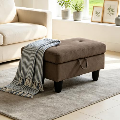 Linen Storage Ottoman Footstool Bench for Living Room Furniture,28.5" Large Square Foot Rest Stool Coffee Table,Linen Sofa Chair for Home Decor,Living Room,Bedroom,Apartment,Rv Car(Brown) - color: Brown Linen 28.5